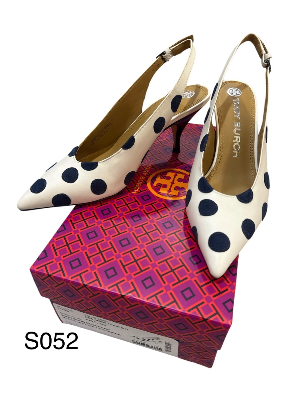 Tory Burch White Slingback Heels with Navy Polka Dots